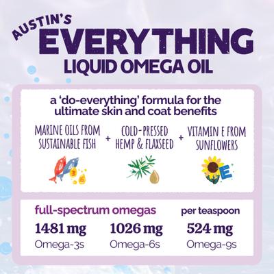 Show full view: Austin and Kat Austin's Everything Oil Omega Fish Oil Liquid Skin & Coat Supplement for Dogs, 16-fl oz bottle slide 4 of 9