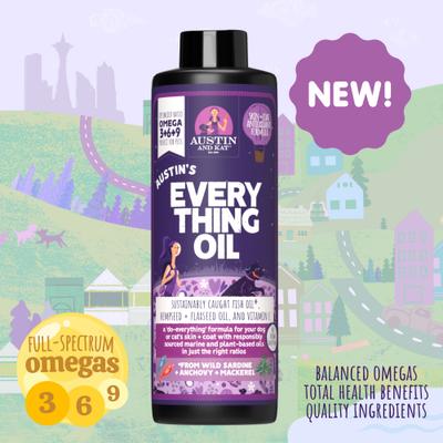 Show full view: Austin and Kat Austin's Everything Oil Omega Fish Oil Liquid Skin & Coat Supplement for Dogs, 16-fl oz bottle slide 3 of 9