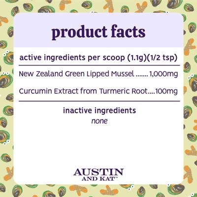 Show full view: Austin and Kat Austin's Green Lipped Mussel GLM Mobility Dog & Cat Supplement, 2.32-oz bag slide 7 of 8
