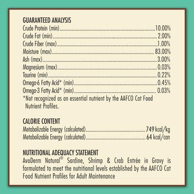 Show full view: AvoDerm Natural Grain-Free Sardine, Shrimp & Crab Meat Entree in Gravy Canned Cat Food, 3-oz, case of 24 slide 7 of 10