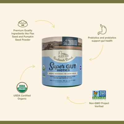 Show full view: Badlands Ranch Super Gut Biotics Healthy Digestion Powder Supplement for Dogs, 3.17-oz can slide 4 of 6