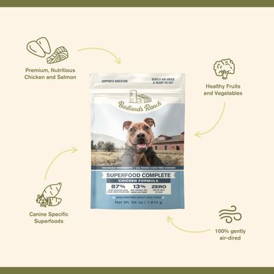 Show full view: Badlands Ranch Superfood Complete Grain-Free Chicken Air-Dried Dog Food, 64-oz bag slide 4 of 8