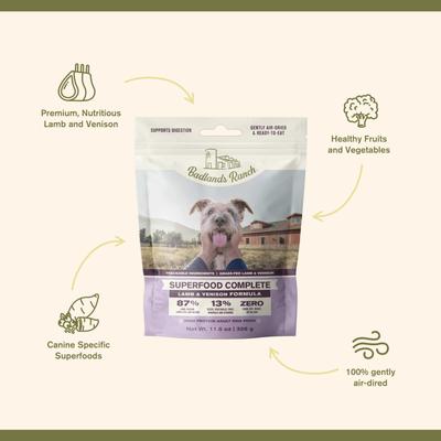 Show full view: Badlands Ranch Superfood Complete Grain-Free Lamb & Venison Air-Dried Dog Food, 11.5-oz bag slide 4 of 8