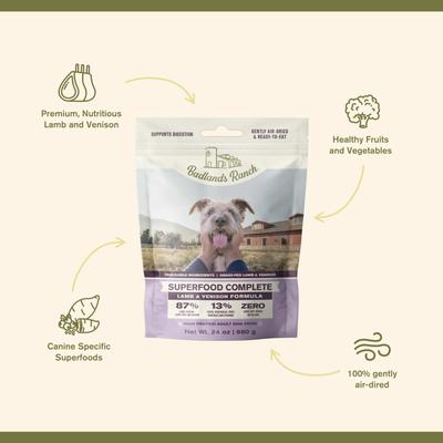 Show full view: Badlands Ranch Superfood Complete Grain-Free Lamb & Venison Air-Dried Dog Food, 24-oz bag slide 4 of 8