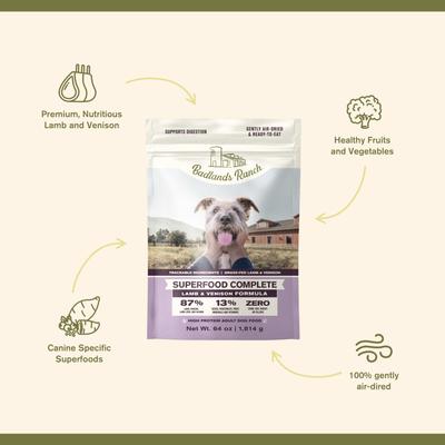 Show full view: Badlands Ranch Superfood Complete Grain-Free Lamb & Venison Air-Dried Dog Food, 64-oz bag slide 4 of 8