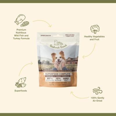 Show full view: Badlands Ranch Superfood Complete Grain-Free Wild Fish & Turkey Air-Dried Dog Food, 11.5-oz bag slide 4 of 8