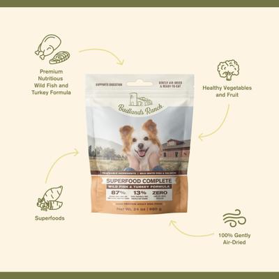 Show full view: Badlands Ranch Superfood Complete Grain-Free Wild Fish & Turkey Air-Dried Dog Food, 24-oz bag slide 4 of 8