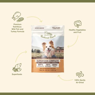 Show full view: Badlands Ranch Superfood Complete Grain-Free Wild Fish & Turkey Air-Dried Dog Food, 64-oz bag slide 4 of 8