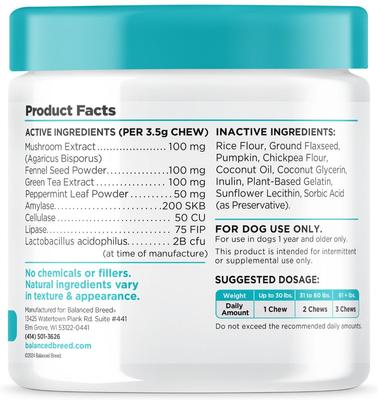 Show full view: Balanced Breed Canine Probiotic & Odor Control Natural Pumpkin Flavored Soft Chew Digestive Aid Supplement for Dogs, 60 count slide 5 of 11