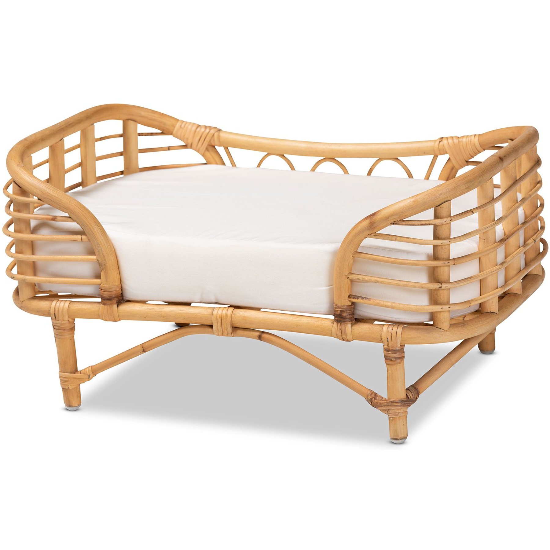 bali & pari Marcy Rattan with Cushion Dog & Cat Bed, Natural Brown & White