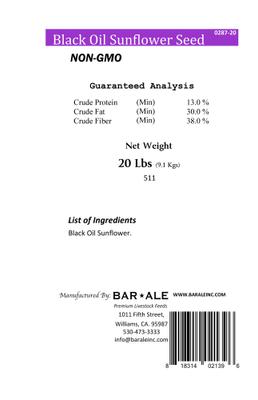 Show full view: Bar ALE Non-GMO Black Oil Sunflower Seed Wild Bird Food, 20-lb bag slide 3 of 5