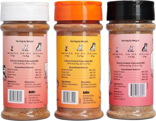 Show full view: BARK Beef, Chicken, & Pork Variety Pack High Protein Limited Ingredient Dry Dog Food Topper, 4.6-oz bottle, 3 count slide 3 of 9