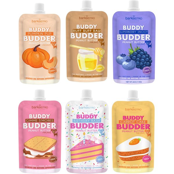 Bark Bistro Company Buddy Budder Peanut Butter 6 Mixed Flavor Squeeze Lickable Dog Treat, 4-oz pouch