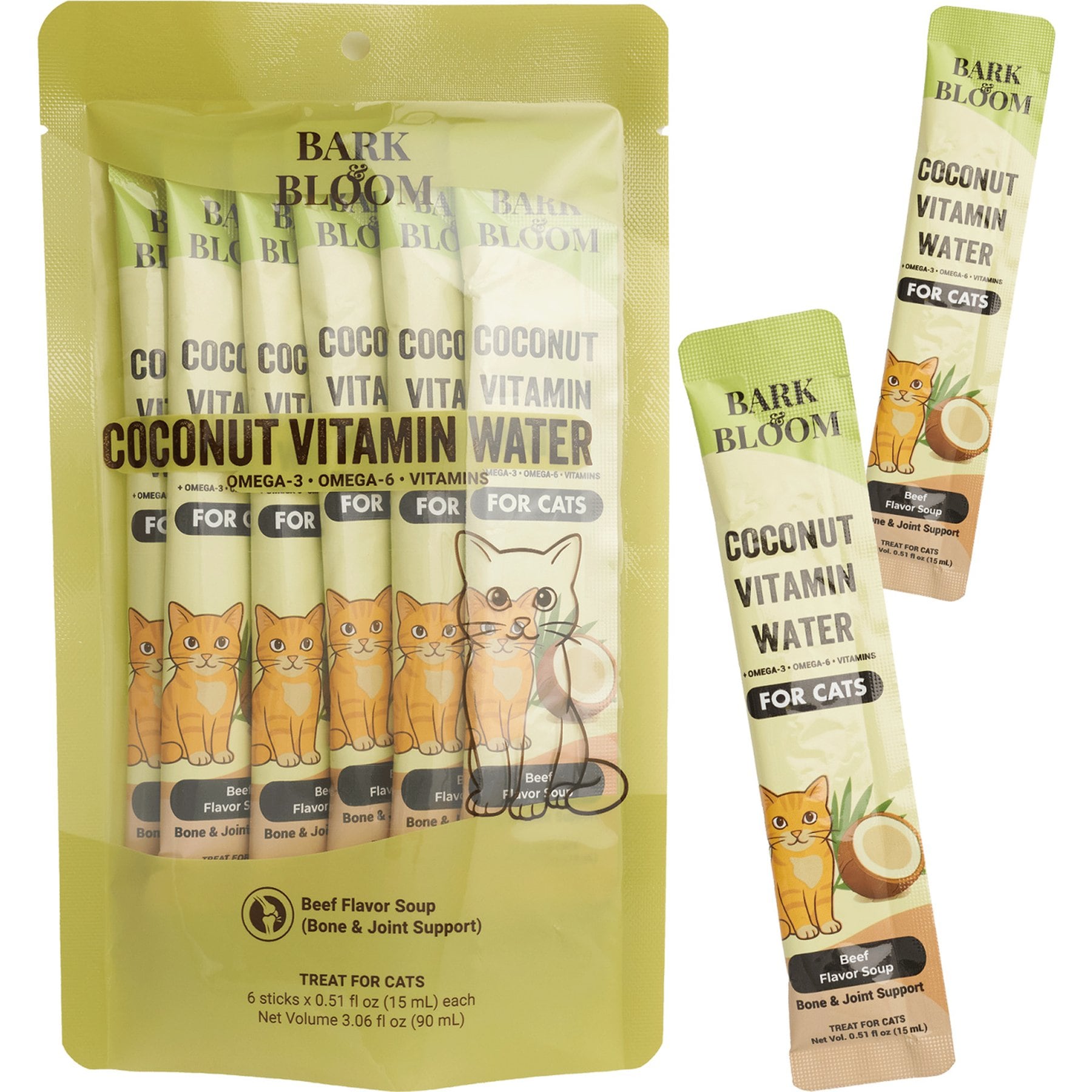 Bark & Bloom Coconut Vitamin Water Beef Flavor Lickable Cat Treats, 6 count
