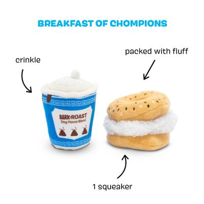 Show full view: BARK Breakfast of Chompions Multi-Part Coffee & Bagel Squeaky Plush Dog Toy, X-Small/Small slide 2 of 8