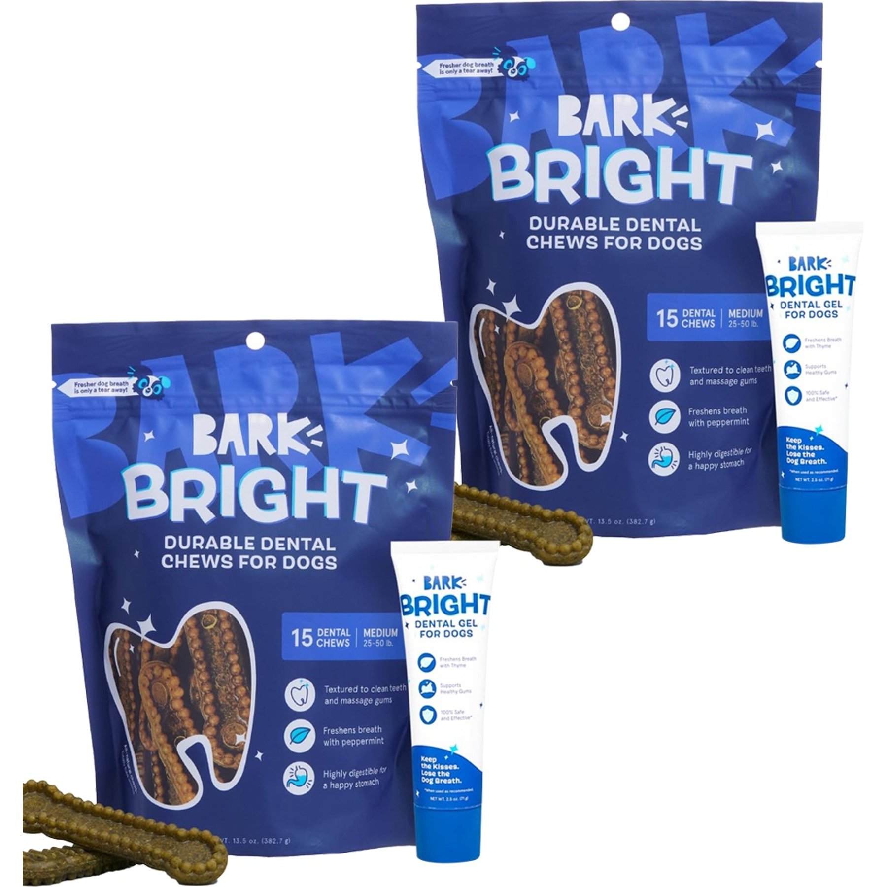 BARK Bright Durable Dental Kit: Medium Mint Flavored Dental Dog Treats + Chicken & Thyme Flavored Dog Dental Gel, 30 count, 5-oz gel bundle