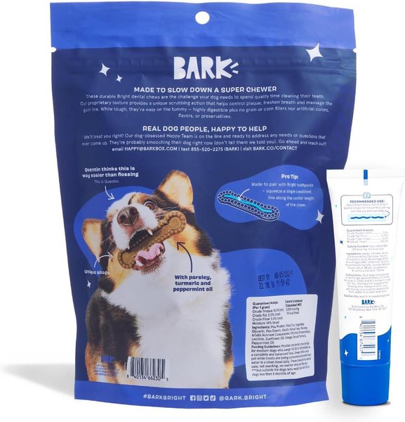 Show full view: BARK Bright Durable Dental Kit: Medium Mint Flavored Dental Dog Treats + Chicken & Thyme Flavored Dog Dental Gel, 15 count, 2.5-oz gel slide 3 of 8
