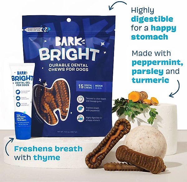 Show full view: BARK Bright Durable Dental Kit: Medium Mint Flavored Dental Dog Treats + Chicken & Thyme Flavored Dog Dental Gel, 15 count, 2.5-oz gel slide 4 of 8