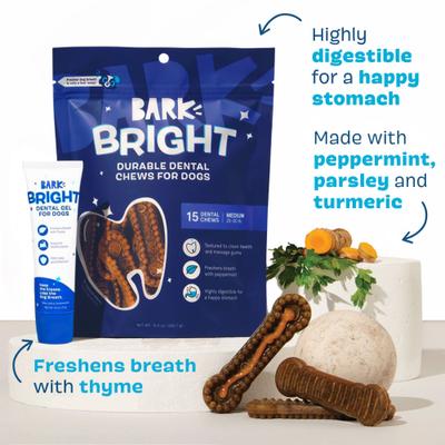 Show full view: BARK Bright Durable Dental Kit: Medium Mint Flavored Dental Dog Treats + Chicken & Thyme Flavored Dog Dental Gel, 15 count, 2.5-oz gel slide 4 of 9