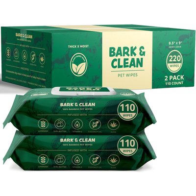 Bark & Clean Bark & Clean Bamboo Wipes with Aloe, Shea Butter & Coconut Oil Light Lavender Scent Dog & Cat Grooming Wipes, 220 count