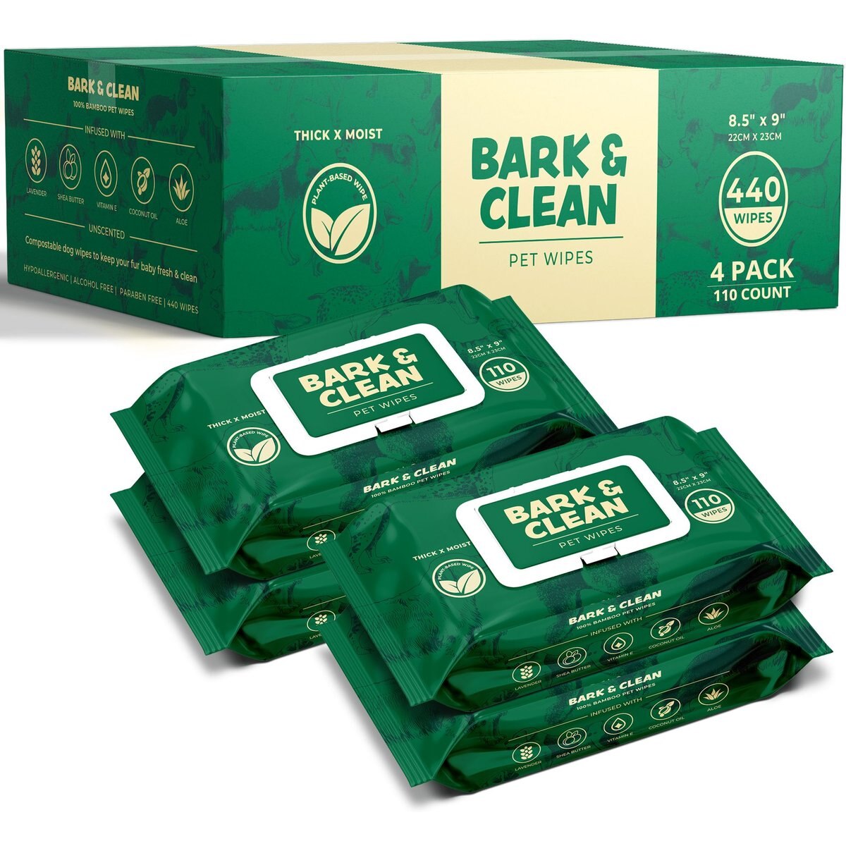 Bark & Clean Bamboo Wipes with Aloe, Shea Butter & Coconut Oil Light Lavender Scent Dog & Cat Grooming Wipes, 440 count