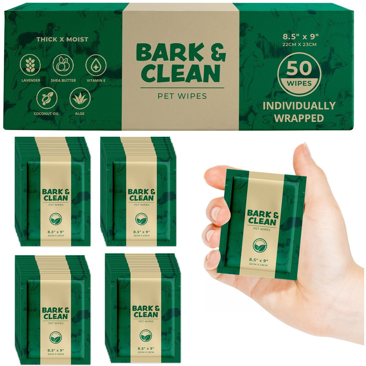 Bark & Clean On-the-Go Individually Wrapped Bamboo Wipes with Aloe, Shea Butter & Coconut Oil Light Lavender Scent Dog & Cat Grooming Wipes, 50 count