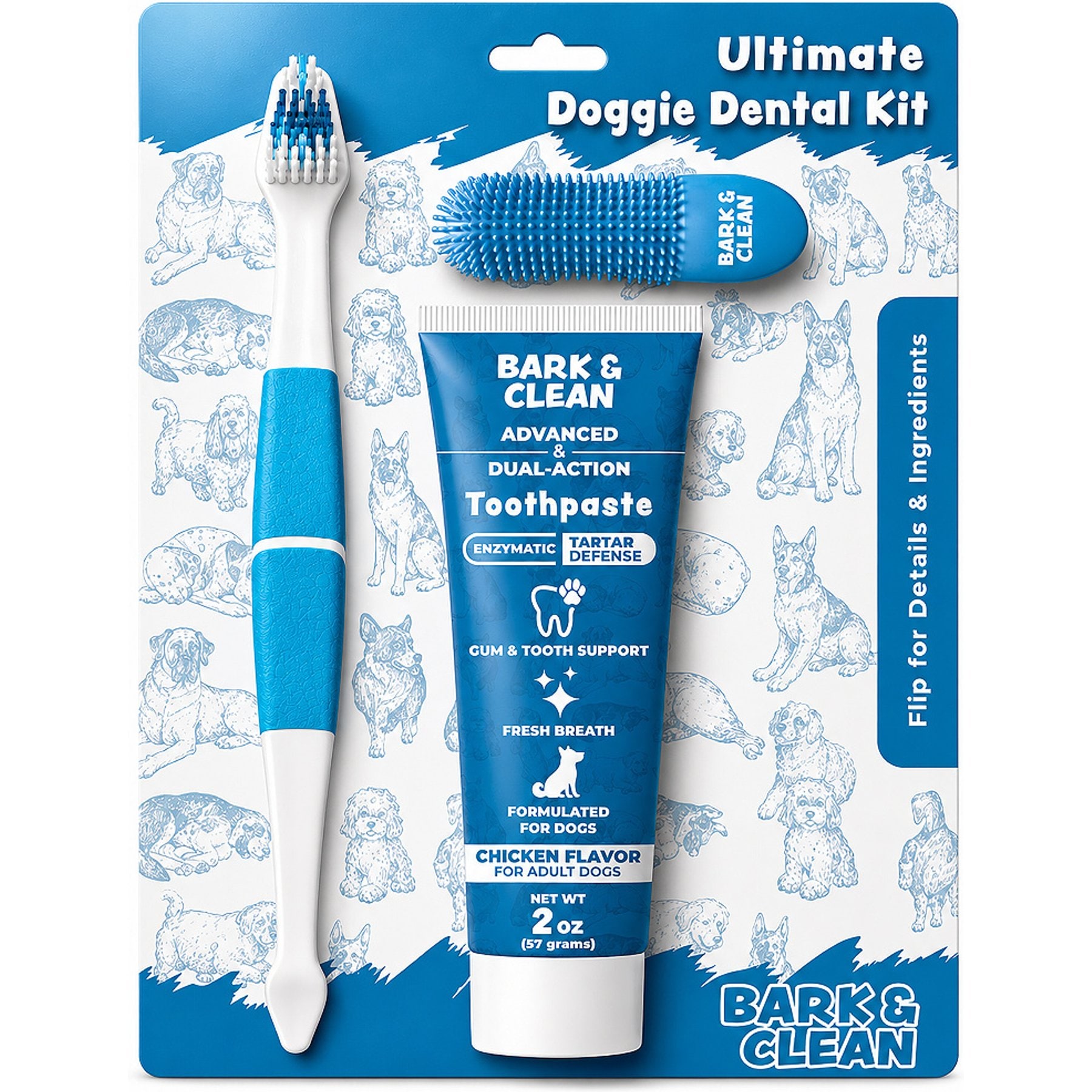 Bark & Clean Ultimate Doggie Chicken Flavored Dog Dental Kit with Dual-Action Enzymatic Toothpaste & 360-Degree Finger Brush