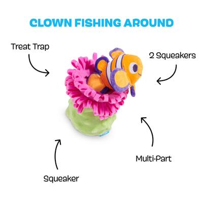 Show full view: BARK Clown Fishing Around Crinkle Squeaky Plush Dog Toy, Pink, Small slide 2 of 8