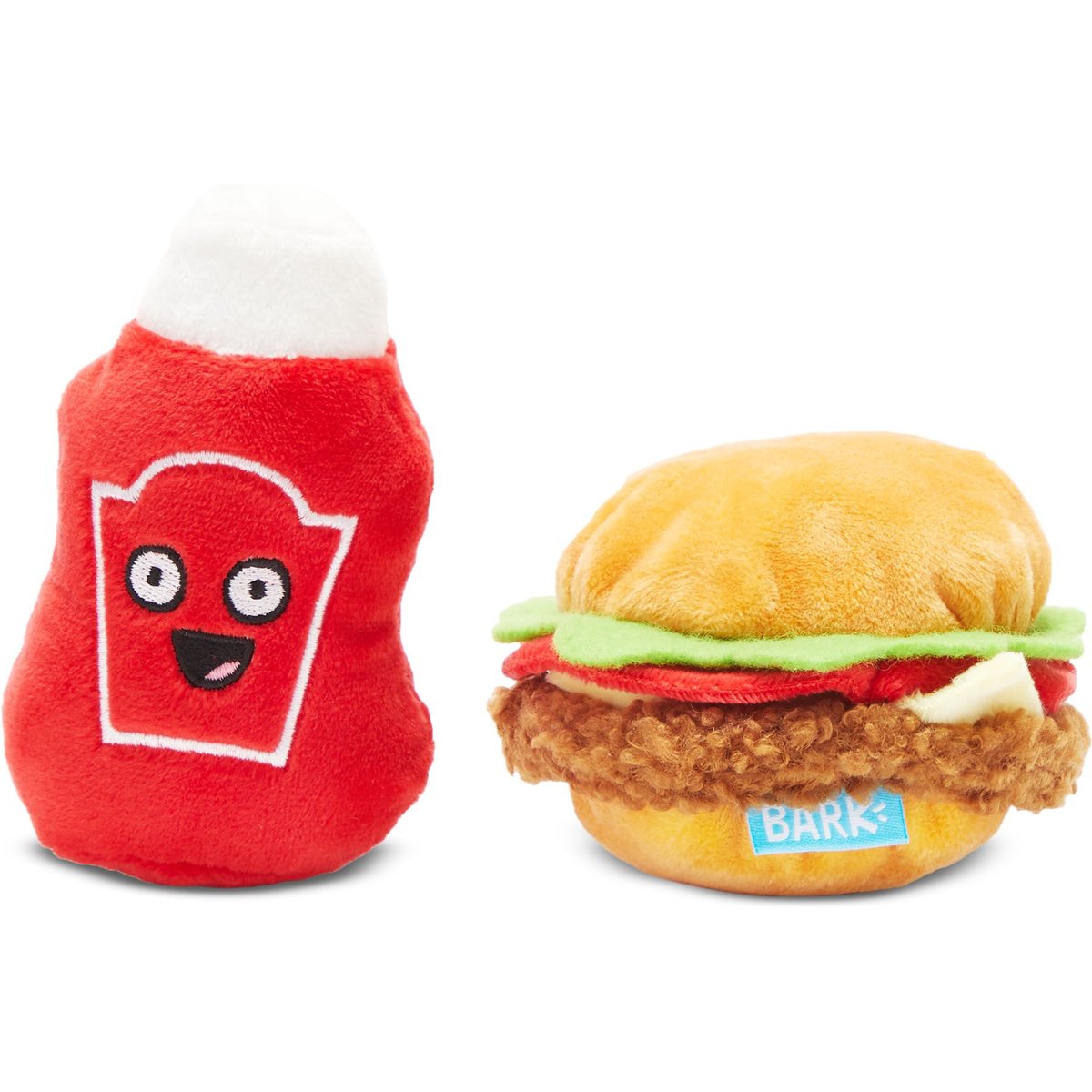 BARK Cookout Burger & Ketchup Picnic Pack Up Squeaky Plush Dog Chew Toy