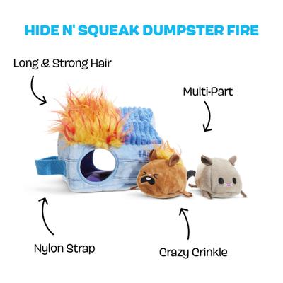 Show full view: BARK Hide n' Squeak Dumpster Fire Multi-Part Squeaky Plush Dog Toy, Medium slide 3 of 10