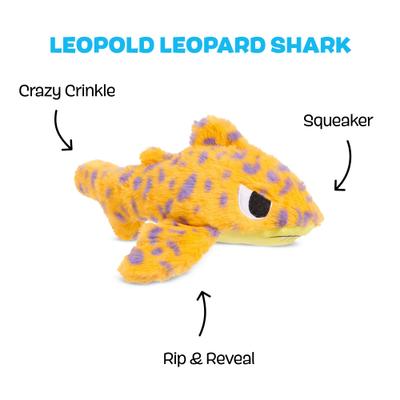 Show full view: BARK Leopold Leopard Shark Multi-Part Squeaky Plush Dog Toy, Orange, Medium slide 2 of 8
