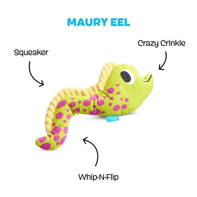 Show full view: BARK Maury Eel Thrasher Squeaky Plush Dog Toy, Yellow slide 2 of 8