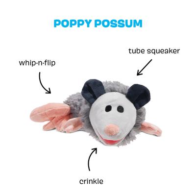 Show full view: BARK Poppy Possum Thrasher Squeaky Plush Dog Toy, Grey slide 2 of 8
