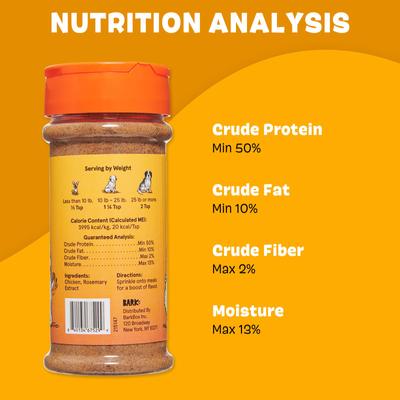 Show full view: BARK Pour Some Chicken On Me High Protein Limited Ingredient Dry Dog Food Topper, 4.6-oz bottle slide 4 of 8