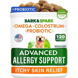 Bark&Spark Advanced Allergy Relief & Itch Relief with Omega 3 & Fish Oil with Probiotics Chew Supplement, 120 count