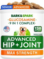 Bark&Spark Advanced Glucosamine Chondroitin Chews Hip & Joint with Omega 3 & Fish Oil Supplement for Senior Dogs, 120 count