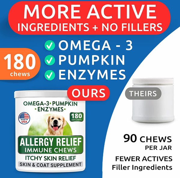 Show full view: Bark&Spark Allergy Relief & Anti Itch Relief with Omega 3 Skin & Coat Fish Oil Chew Supplement for Dogs, 180 count slide 3 of 9