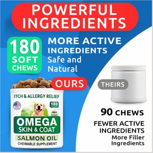 Bark&Spark Allergy Relief & Itch Relief with Omega 3 Skin & Coat with Salmon Oil Chew Supplement for Dogs, 180 cout