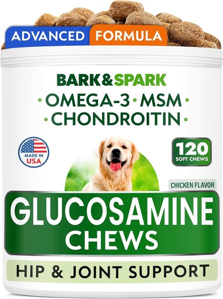 Show full view: Bark&Spark Glucosamine Chondroitin Hip & Joint with Omegas 3 & Fish Oil Advanced Mobility Chew Supplement for Dogs, 120 count slide 1 of 8