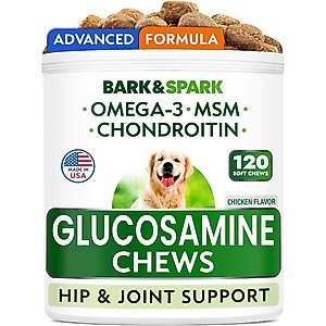 Bark&Spark Glucosamine Chondroitin Hip & Joint with Omegas 3 & Fish Oil Advanced Mobility Chew Supplement for Dogs, 120 count