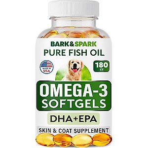 Bark&Spark Omega 3 Fish Oil Pills & Skin & Coat Supports Joints Brain Heart & Overall Health Supplement for Dogs, 180 count