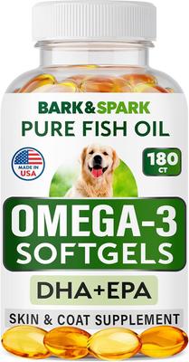 Show full view: Bark&Spark Omega 3 Fish Oil Pills & Skin & Coat Supports Joints Brain Heart & Overall Health Supplement for Dogs, 180 count slide 1 of 9