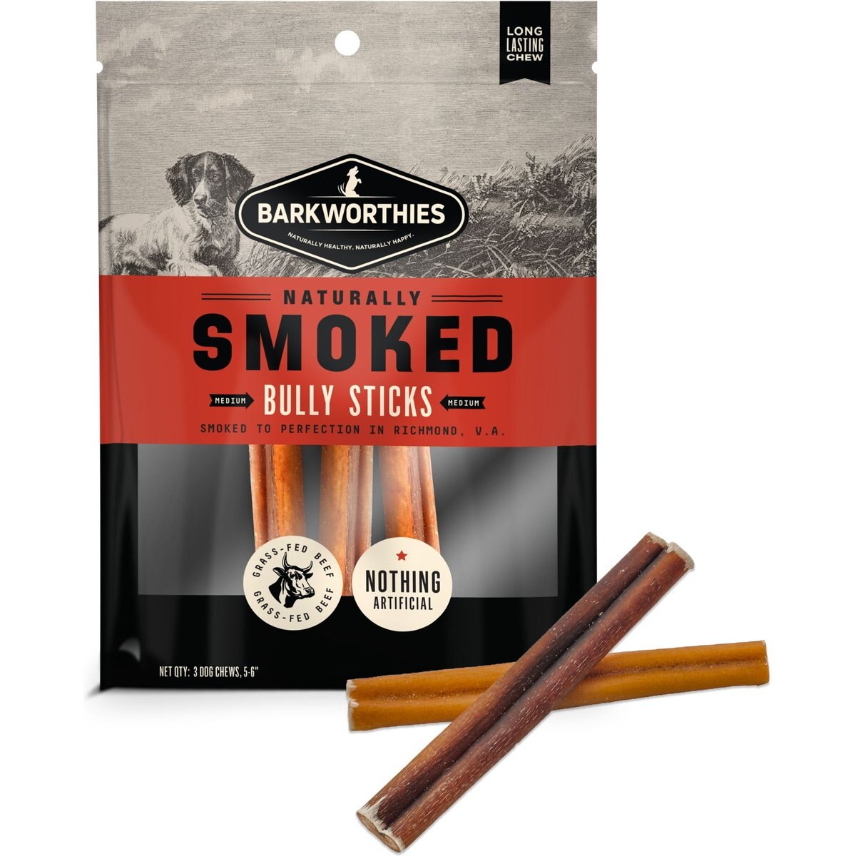 Barkworthies 6-in Smoked Bully Sticks Standard Dog Treat, 3 count