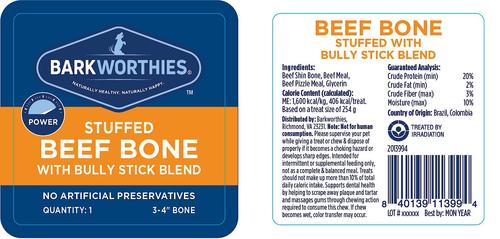 Show full view: Barkworthies Shin Bone Stuffed with Bully Stick Blend Dog Treat, 3 - 4 in slide 3 of 8