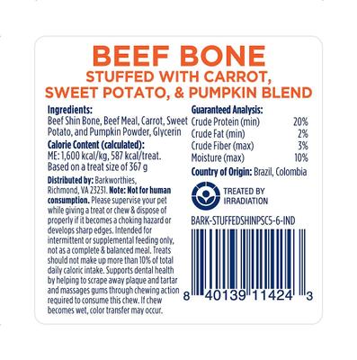 Show full view: Barkworthies Shin Bone Stuffed with Pumpkin, Sweet Potato, & Carrot Blend Dog Treat, 5-6-in slide 3 of 8