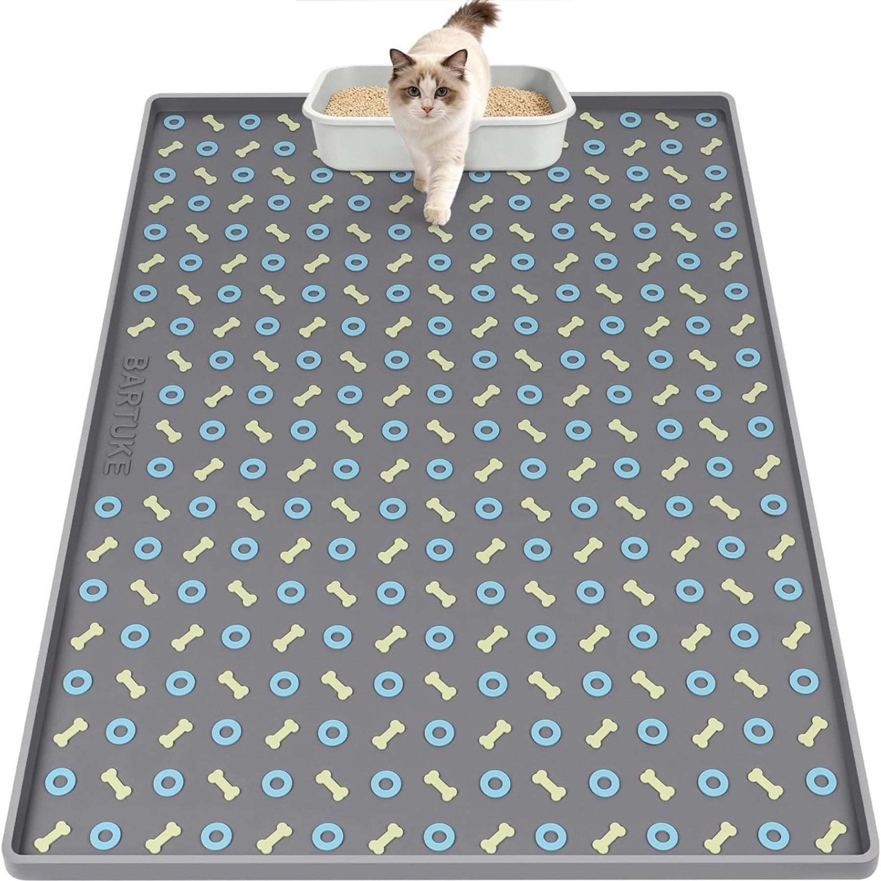 Bartuke Bone Pattern Silicone Scatter Control Cat Litter Box Mat, X-Large: 40 x 28-in, Dark Grey