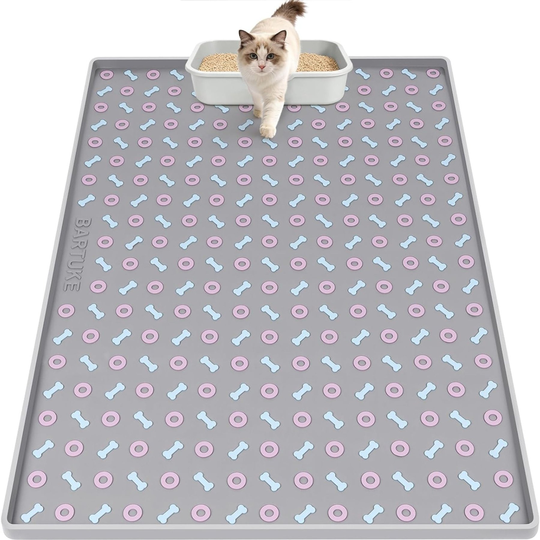 Bartuke Bone Pattern Silicone Scatter Control Cat Litter Box Mat, X-Large: 40 x 28-in, Light Grey