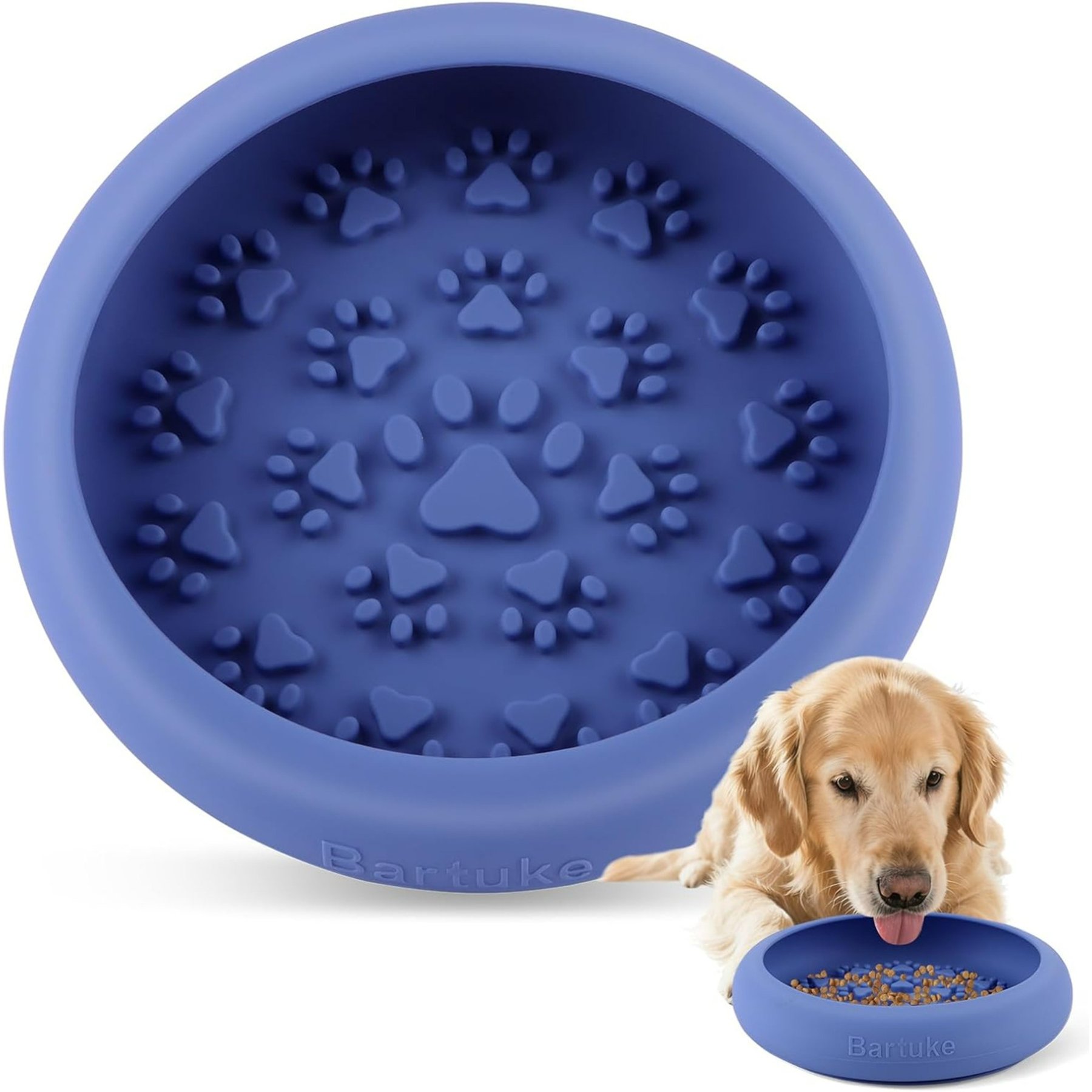 Bartuke BPA-Free Non-Slip Dishwasher Safe Silicone Slow Feeder Dog Bowl, 2-cup, Blue