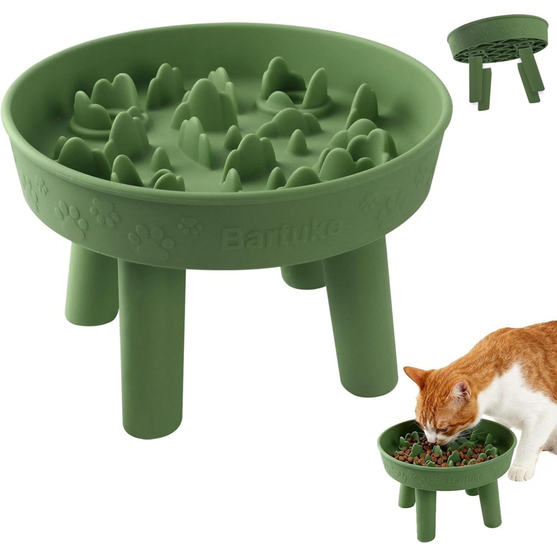 Bartuke Non-Slip Detachable Silicone Elevated for Dry & Wet Food Slow Feeder Cat Bowl, 2-cup, Green