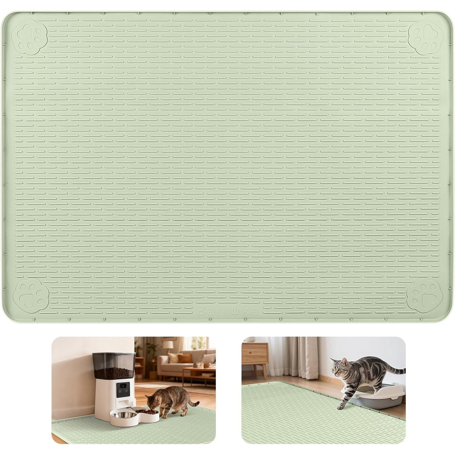 Bartuke Raised Edges Non-Slip Silione Cat Feeding Mat, X-Large: 57 X 40-in, Green